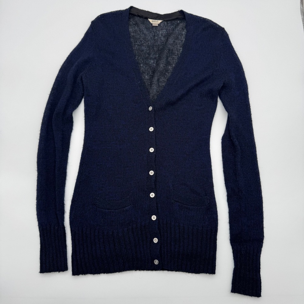 Fossil Womens Black Blue Wool Mohair‎ Blend Button Front Cardigan Sweater S